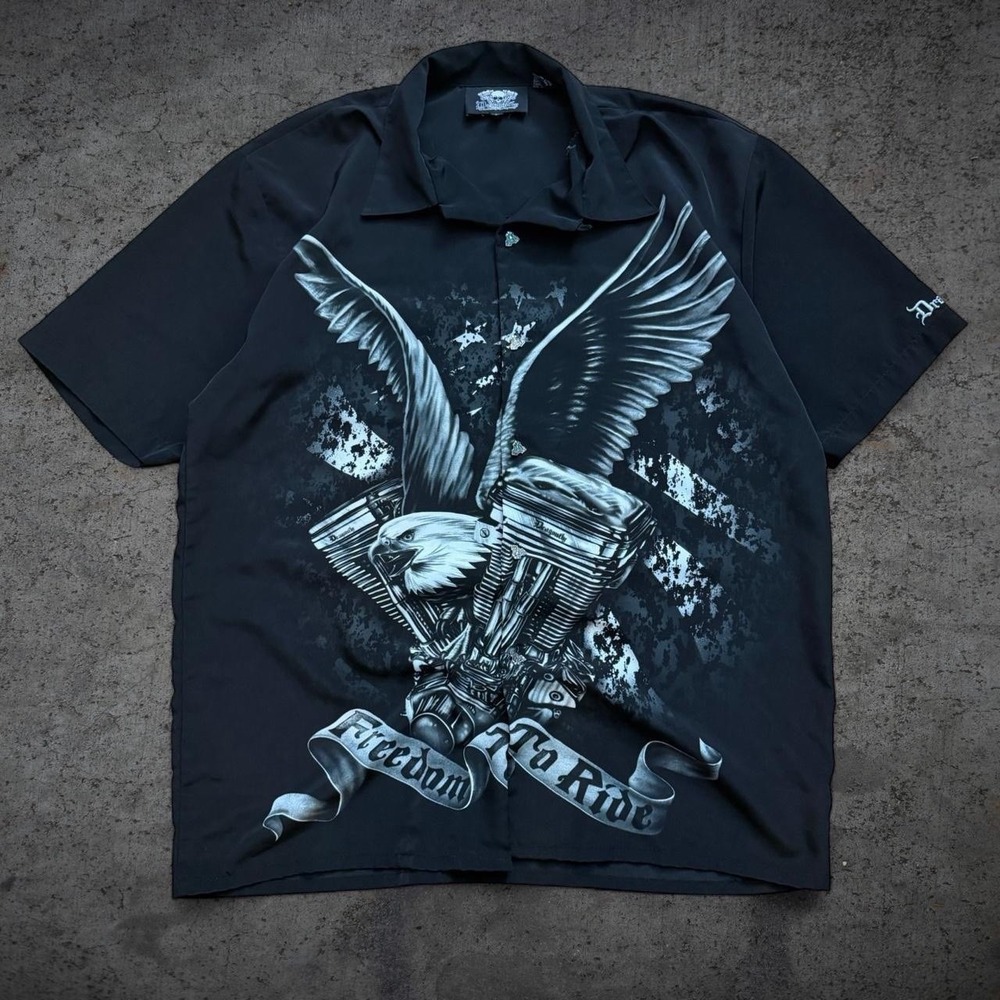 Vintage 00's Dragonfly Freedom To Ride Button Up Size Large Biker Goth Y2K